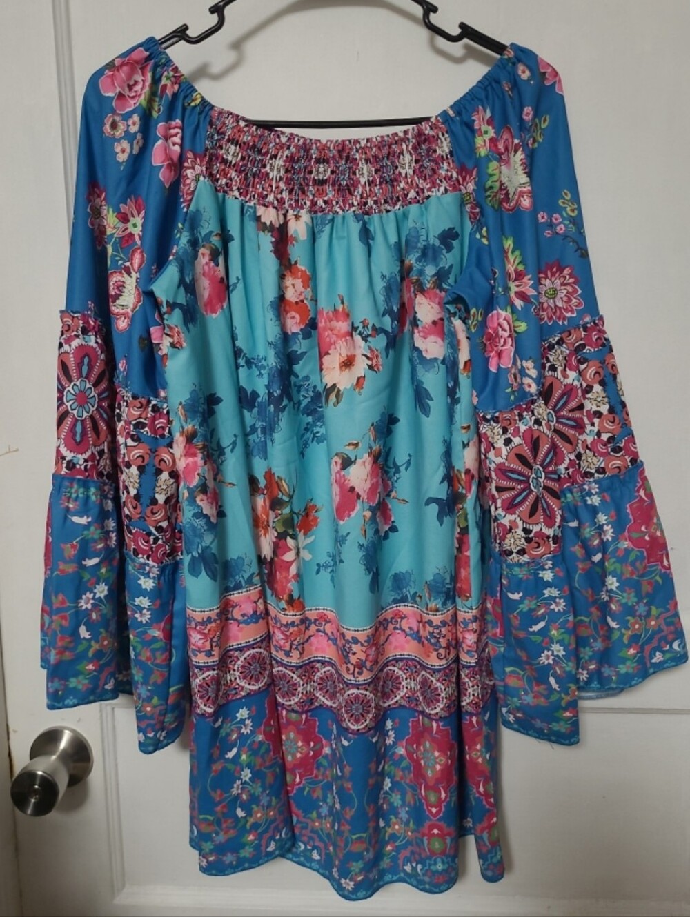 Patchwork Floral Off-Shoulder Peasant Blouse Boho Medium